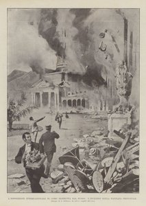 La exposición internacional de Como destruida por el fuego, el incendio de la fachada principal